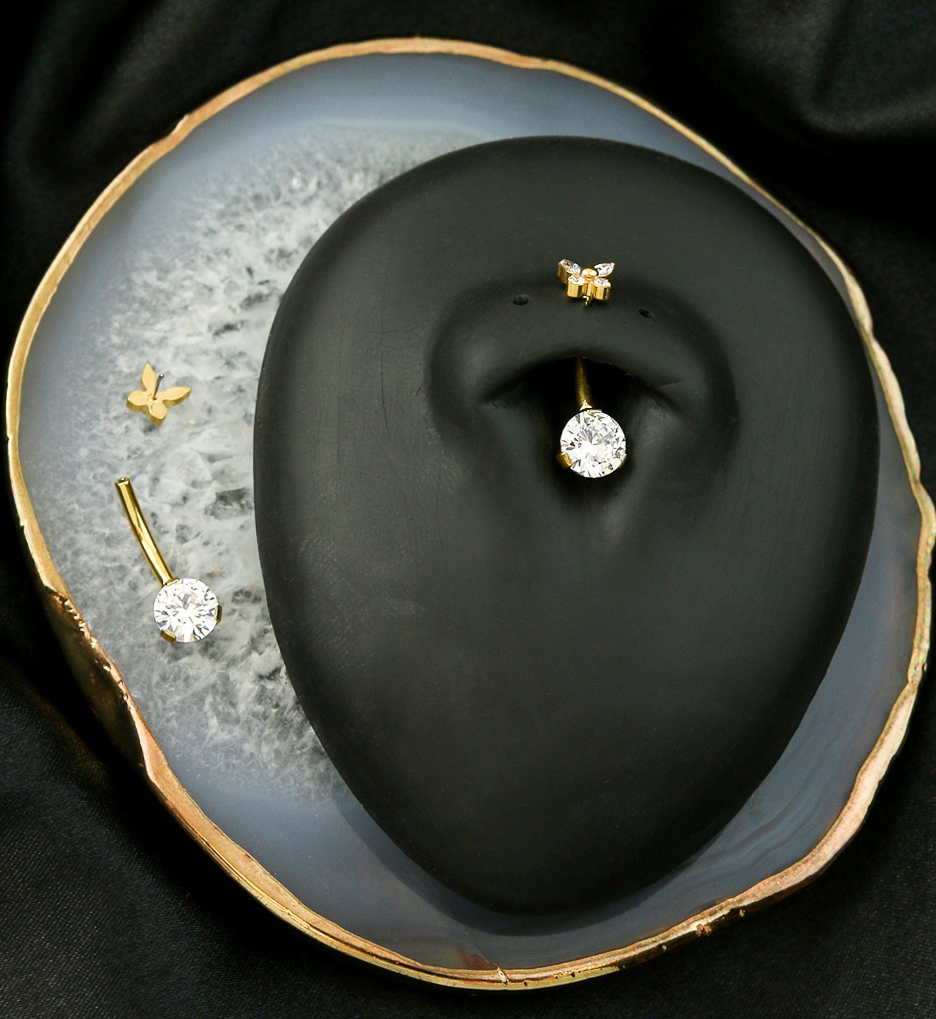 Gold PVD Butterfly Clear CZ Titanium Threadless Belly Button Ring