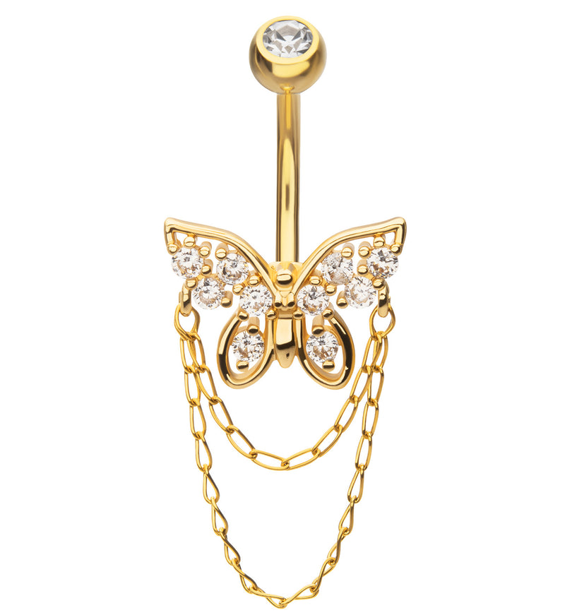 Gold PVD Butterfly Double Chain Clear CZ Dangle Stainless Steel Belly Button Ring