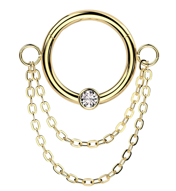 Gold PVD Double Dangle Chain Clear CZ Stainless Steel Hinged Segment Ring