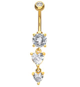 Gold PVD Double Heart Clear CZ Dangle Stainless Steel Belly Button Ring