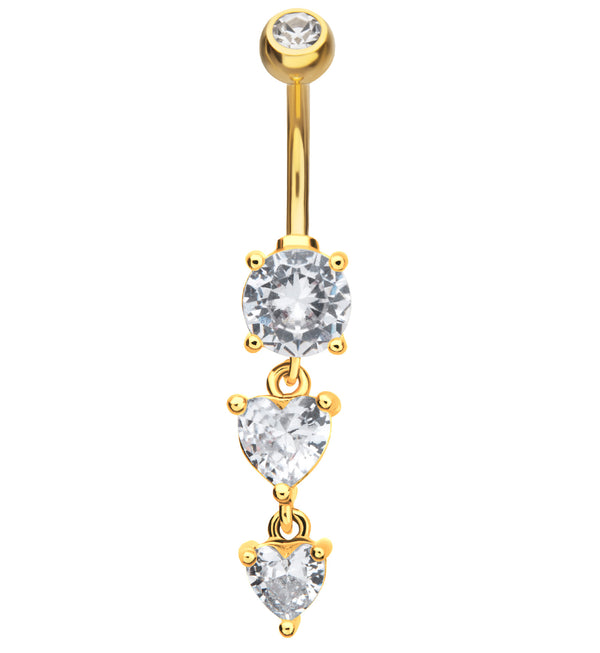Gold PVD Double Heart Clear CZ Dangle Stainless Steel Belly Button Ring