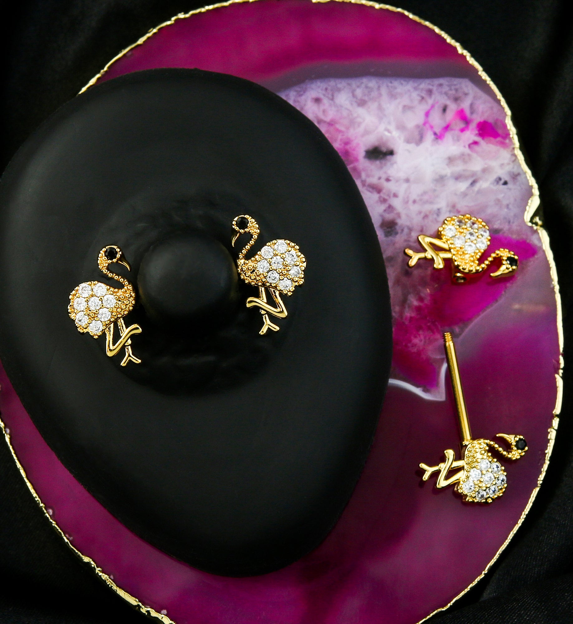 Gold PVD Flamingo Clear CZ Stainless Steel Nipple Barbell