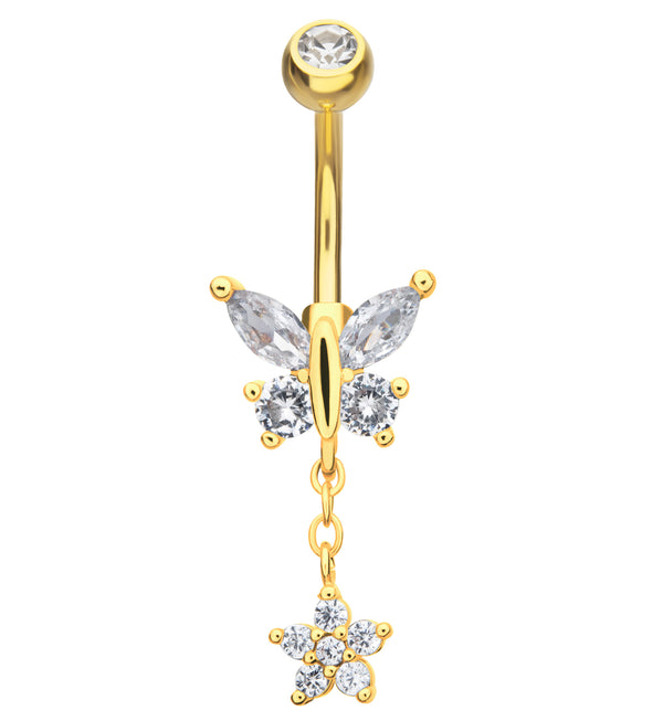 Gold PVD Flower Butterfly Clear CZ Dangle Stainless Steel Belly Button Ring