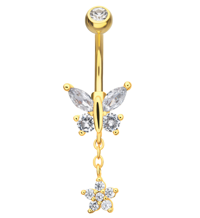 Gold PVD Flower Butterfly Clear CZ Dangle Stainless Steel Belly Button Ring