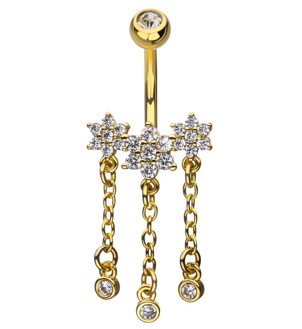 Gold PVD Flower Trio Clear CZ Dangle Stainless Steel Belly Button Ring