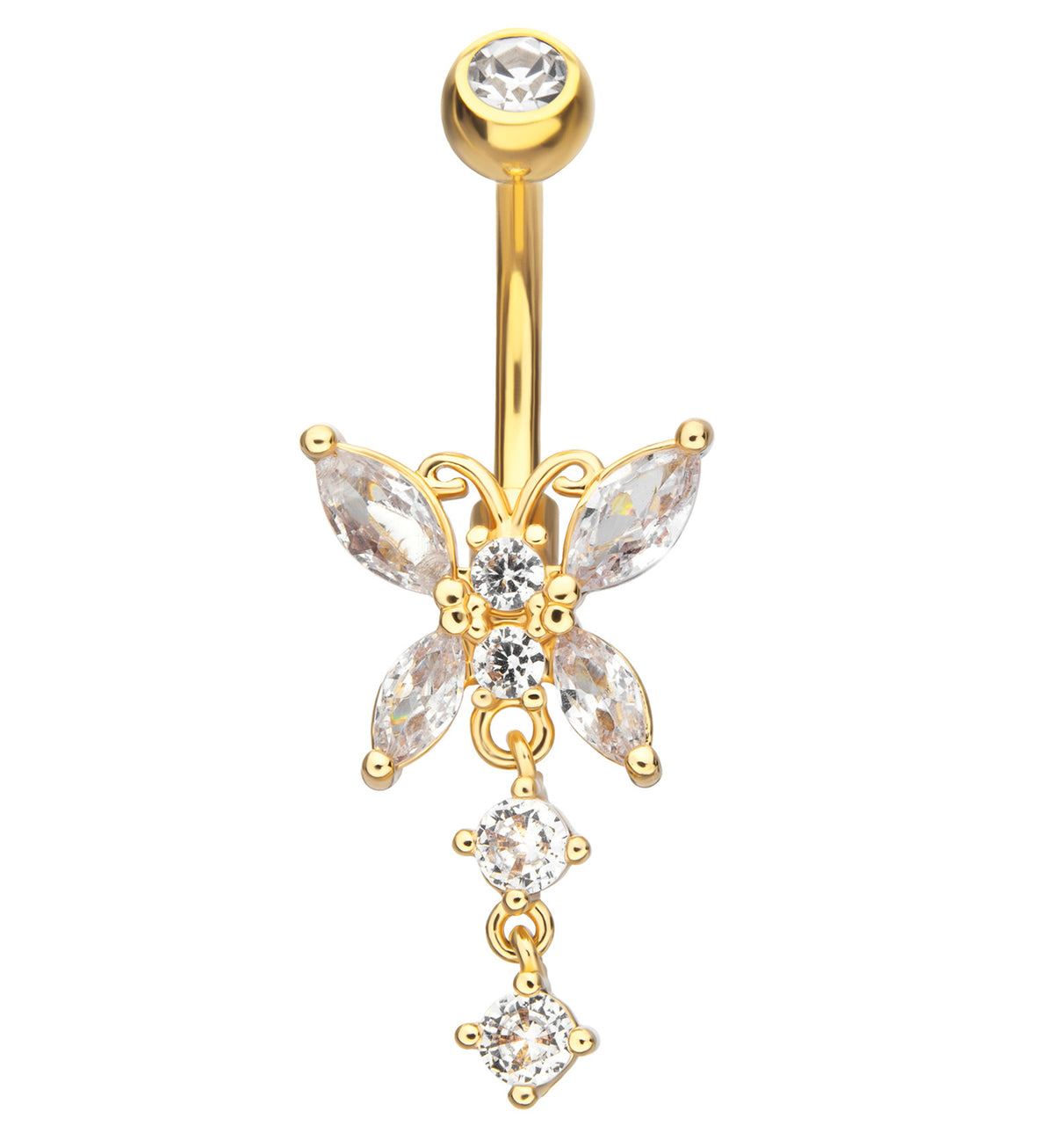 Gold PVD Fluttering Butterfly Clear CZ Dangle Stainless Steel Belly Bu
