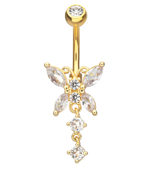 Gold PVD Fluttering Butterfly Clear CZ Dangle Stainless Steel Belly Button Ring