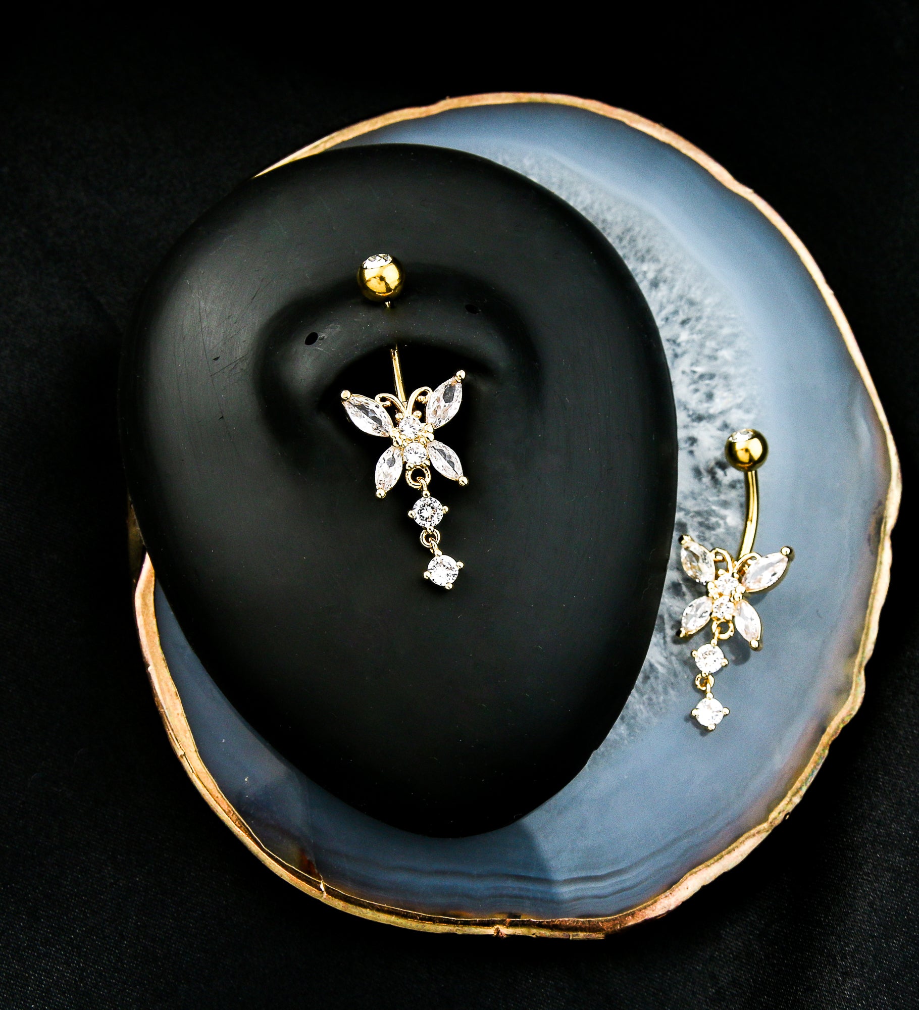 Gold PVD Fluttering Butterfly Clear CZ Dangle Stainless Steel Belly Button Ring