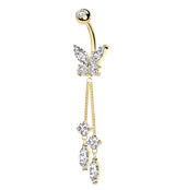 Gold PVD Flying Marquise Butterfly Clear CZ Dangle Stainless Steel Belly Button Ring