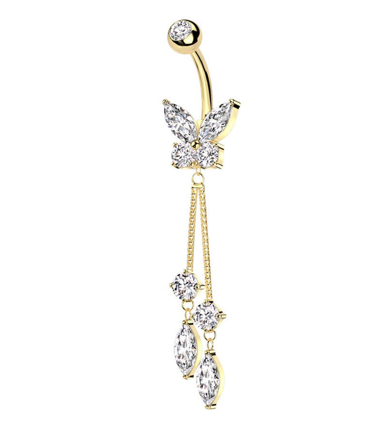 Gold PVD Flying Marquise Butterfly Clear CZ Dangle Stainless Steel Belly Button Ring
