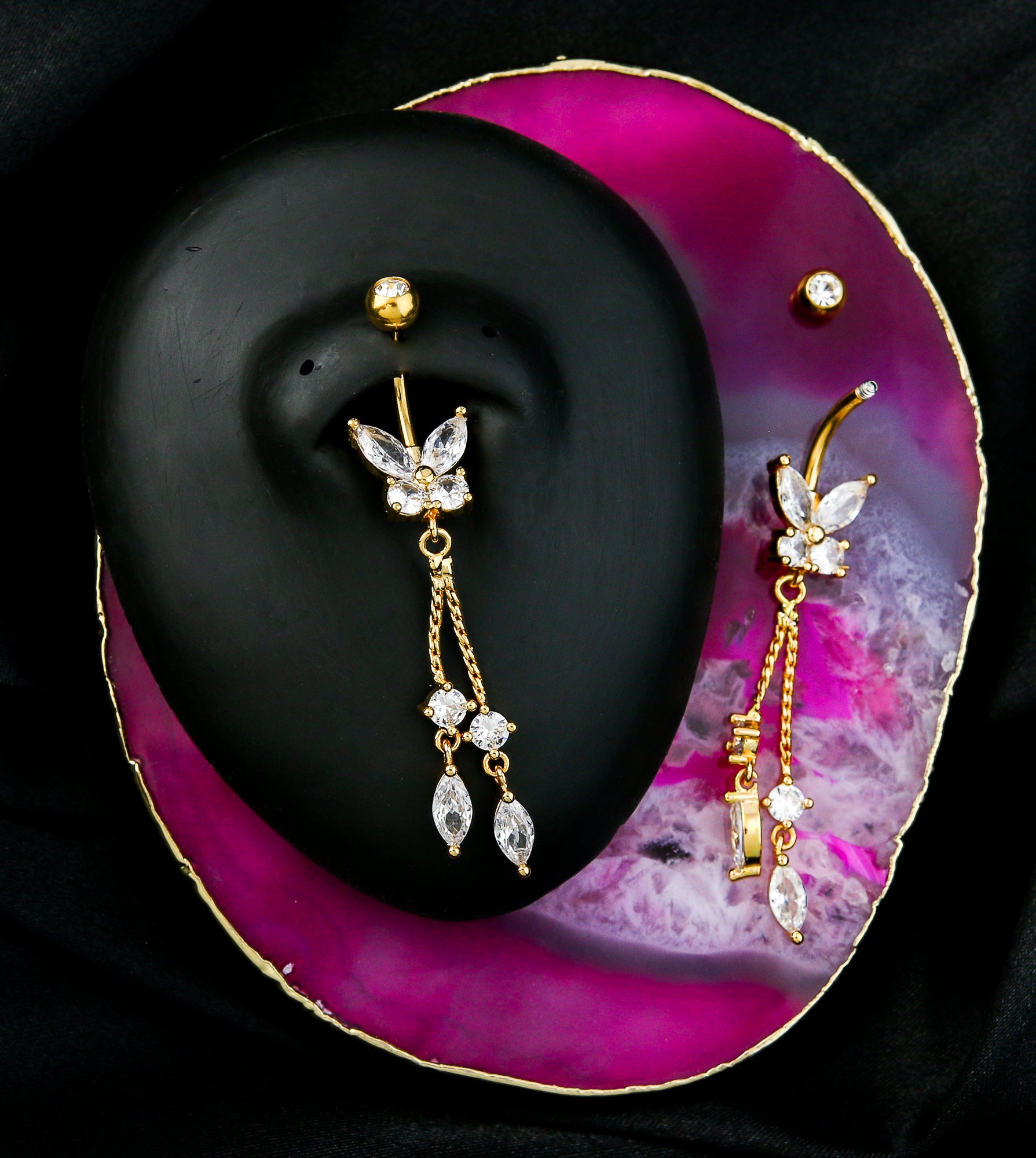 Gold PVD Flying Marquise Butterfly Clear CZ Dangle Stainless Steel Belly Button Ring