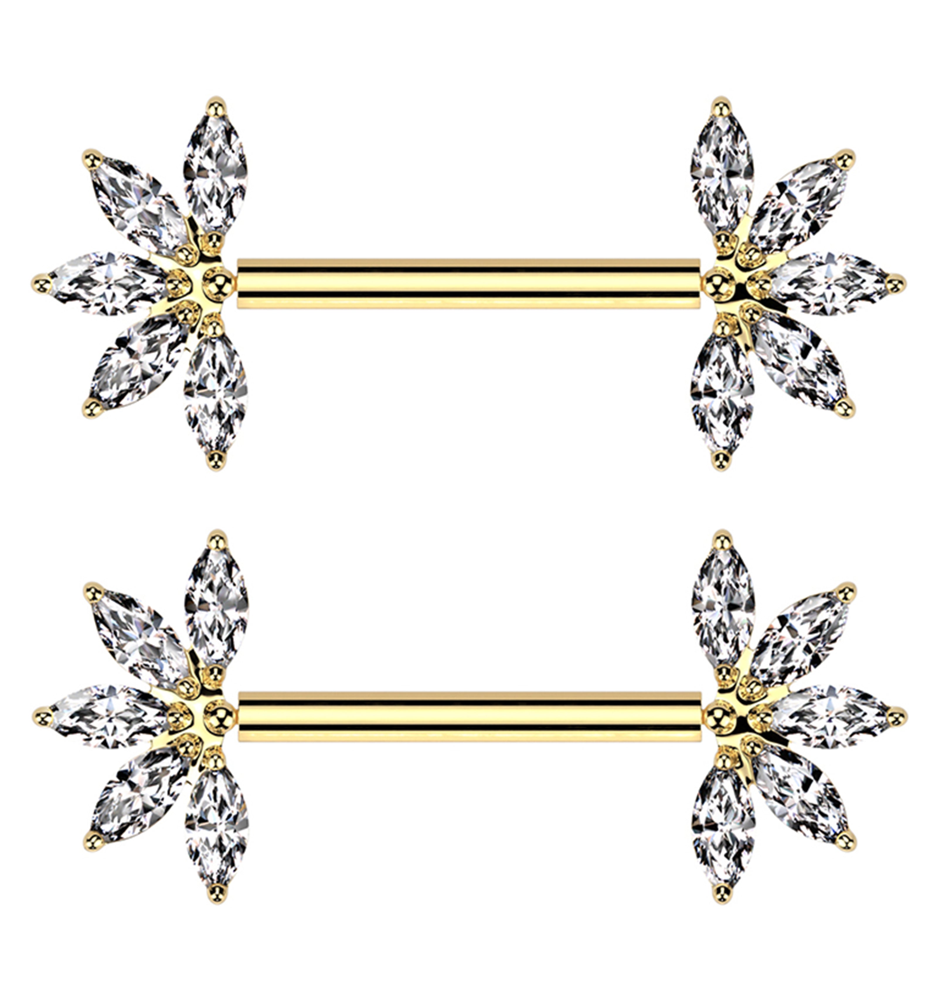 Gold PVD Half Flower Marquise Clear CZ Threadless Titanium Nipple Barb