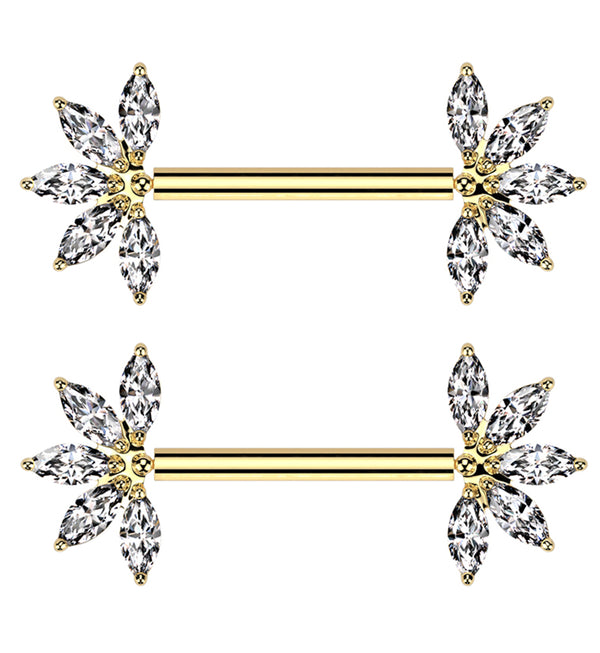 Gold PVD Half Flower Marquise Clear CZ Threadless Titanium Nipple Barbell
