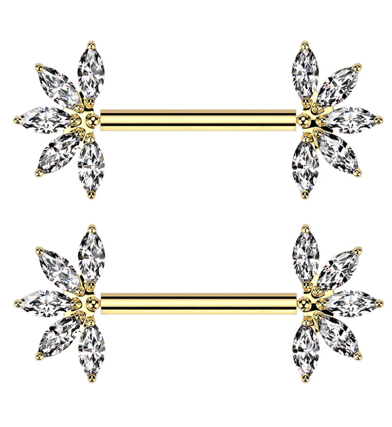 Gold PVD Half Flower Marquise Clear CZ Threadless Titanium Nipple Barbell