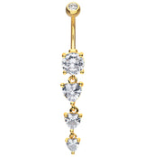 Gold PVD Lovestruck Triple Heart Clear CZ Dangle Stainless Steel Belly Button Ring
