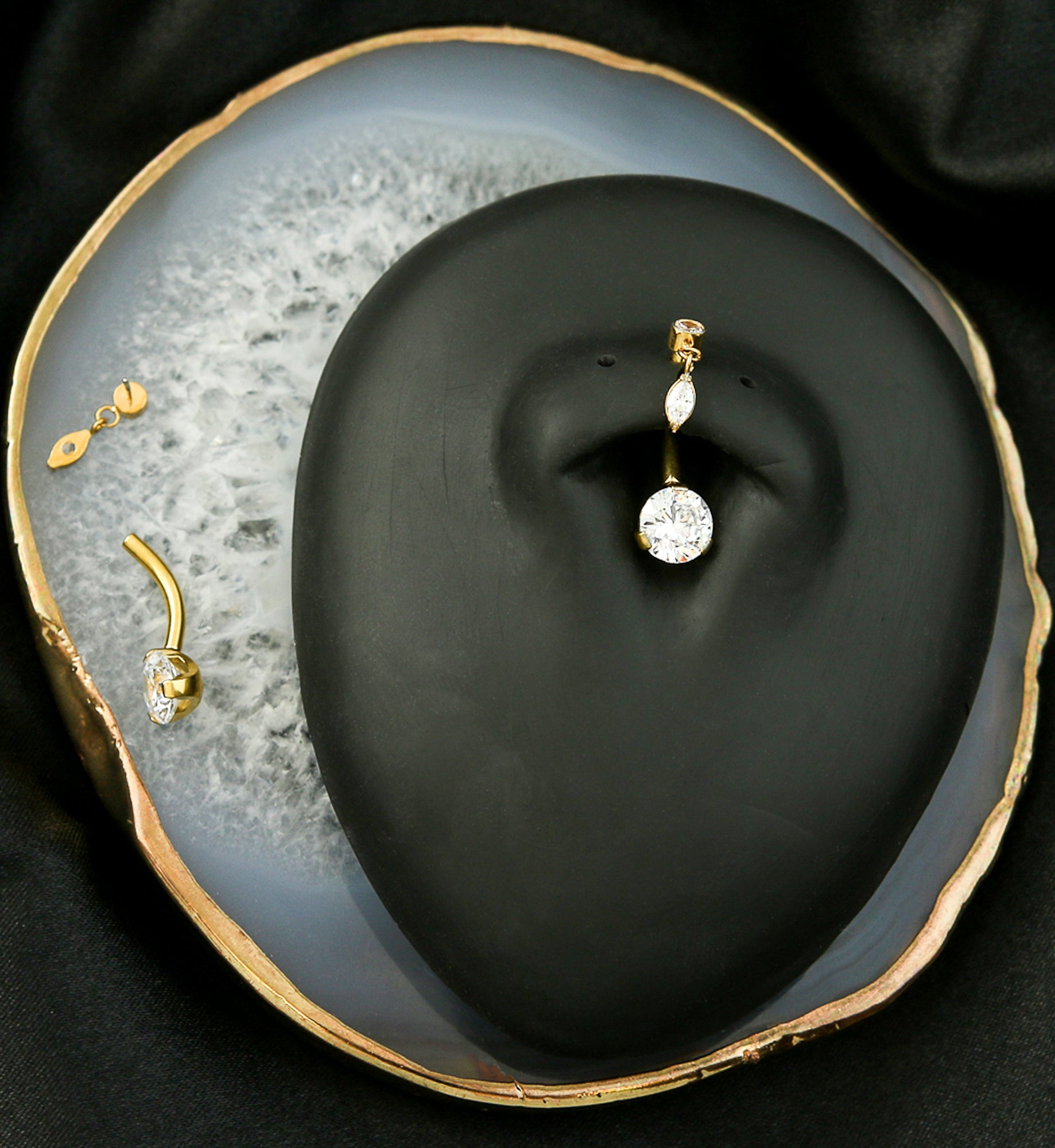 Gold PVD Oval Dangle Clear CZ Titanium Threadless Belly Button Ring