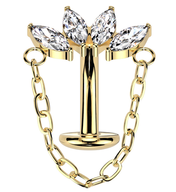 Gold PVD Quartet Dangle Clear CZ Titanium Threadless Belly Button Ring