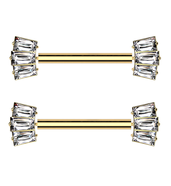 Gold PVD Triple Clear Baguette Threadless Titanium Nipple Ring