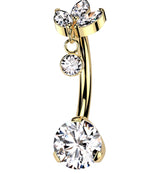 Gold PVD Triple Marquise Dangle Clear CZ Titanium Threadless Belly Button Ring