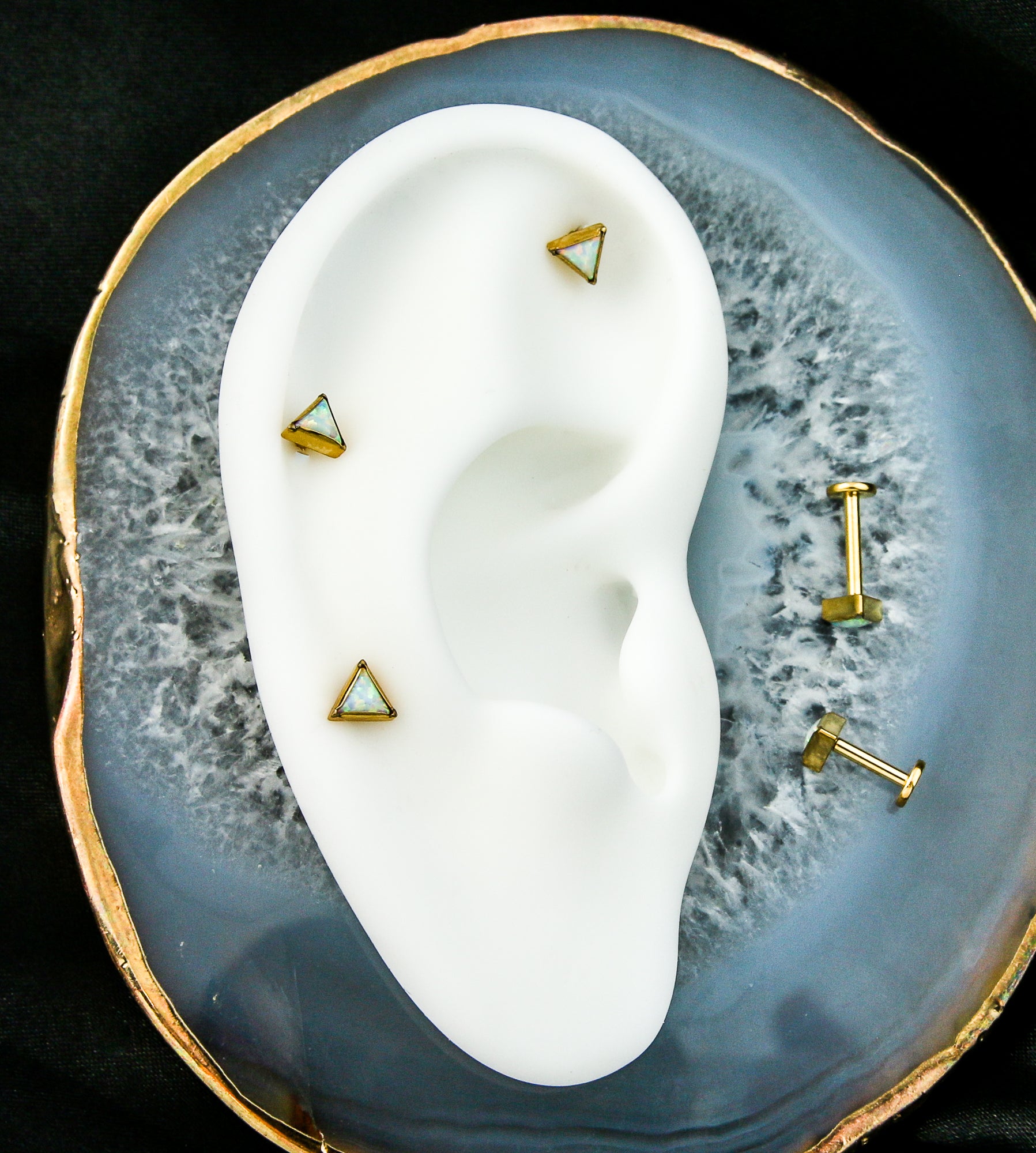 Gold PVD Triangle White Opalite Internally Threaded Titanium Labret ...