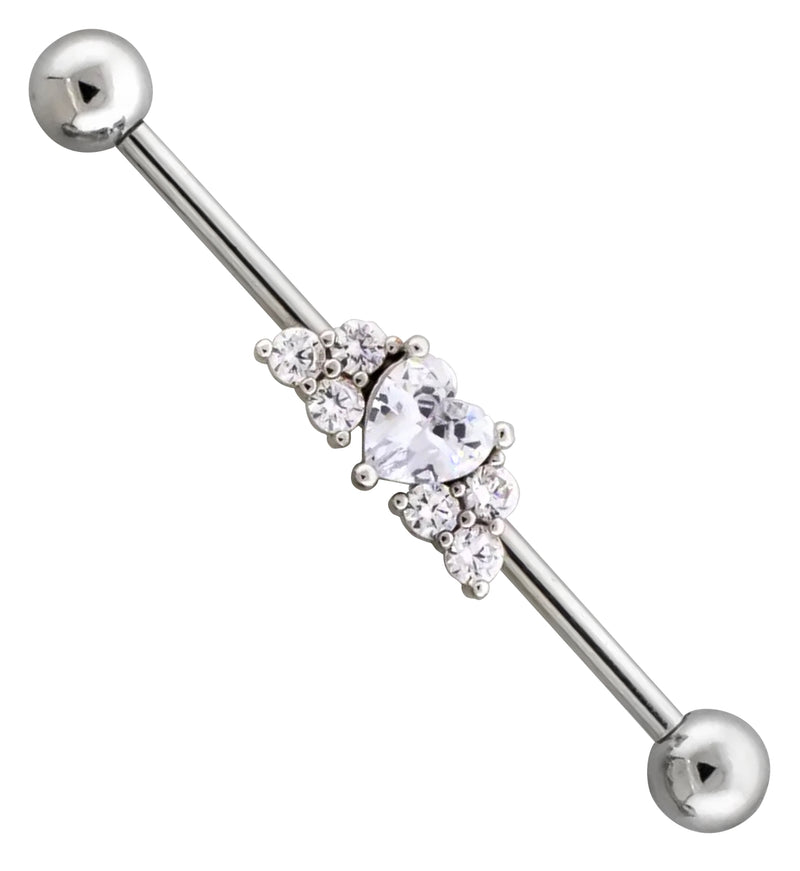 Heart Clear CZ Stainless Steel Industrial Barbell