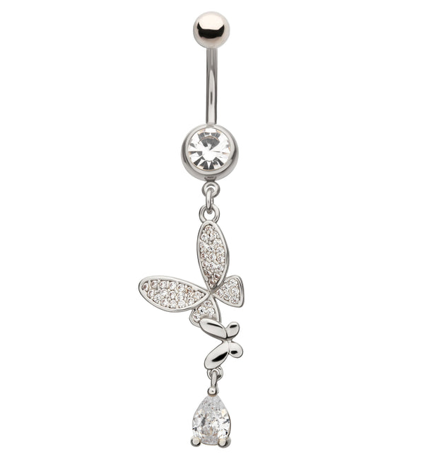 Jointed Butterfly Clear CZ Teardrop Dangle Stainless Steel Belly Button Ring