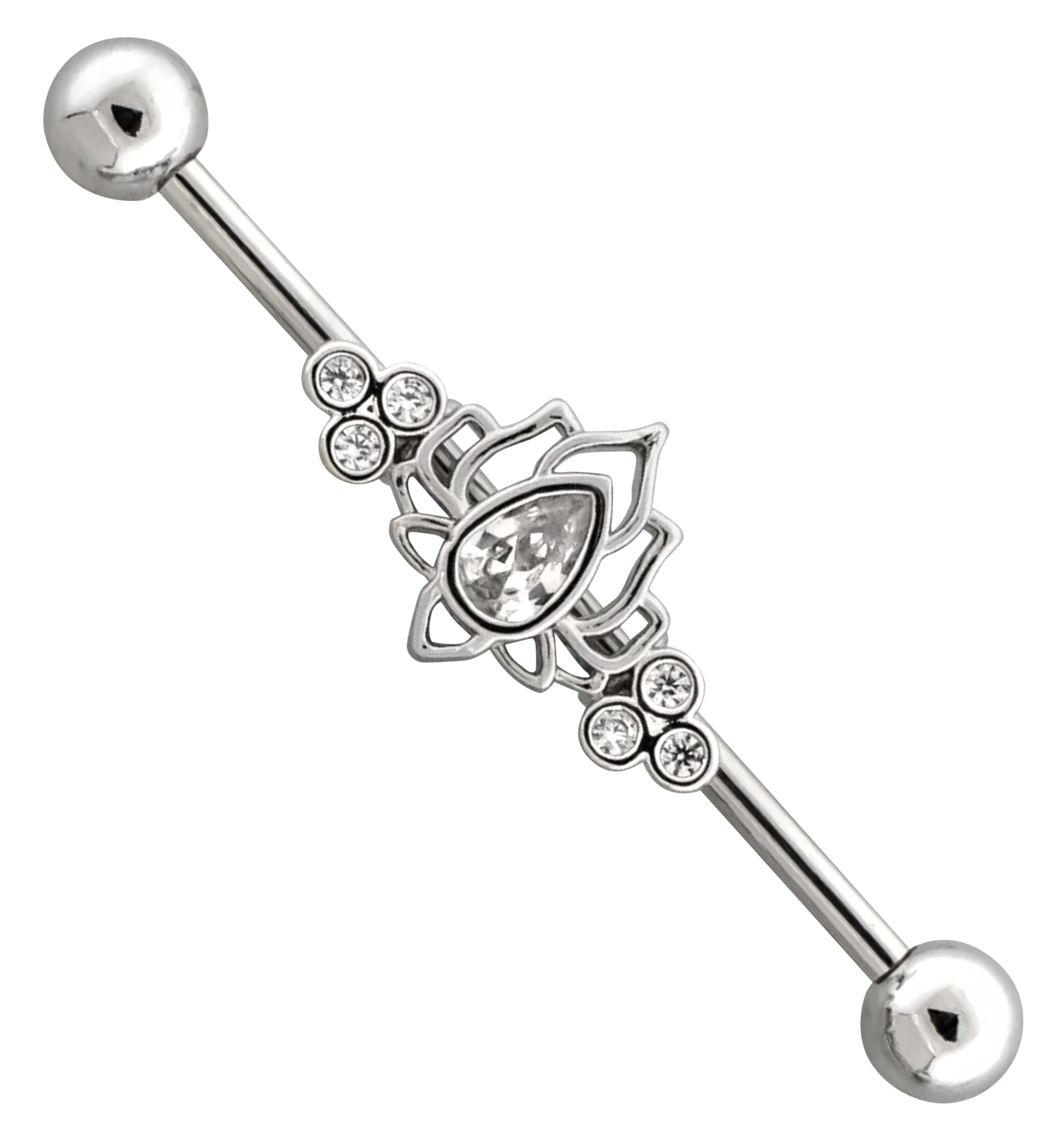 Lotus Clear CZ Stainless Steel Industrial Barbell