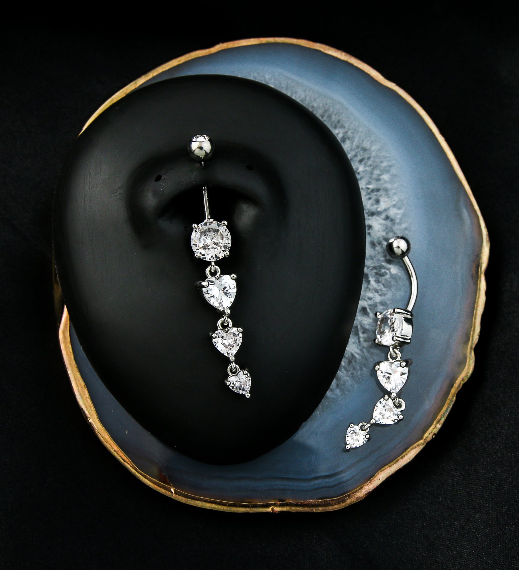 Lovestruck Triple Heart Clear CZ Dangle Stainless Steel Belly Button Ring