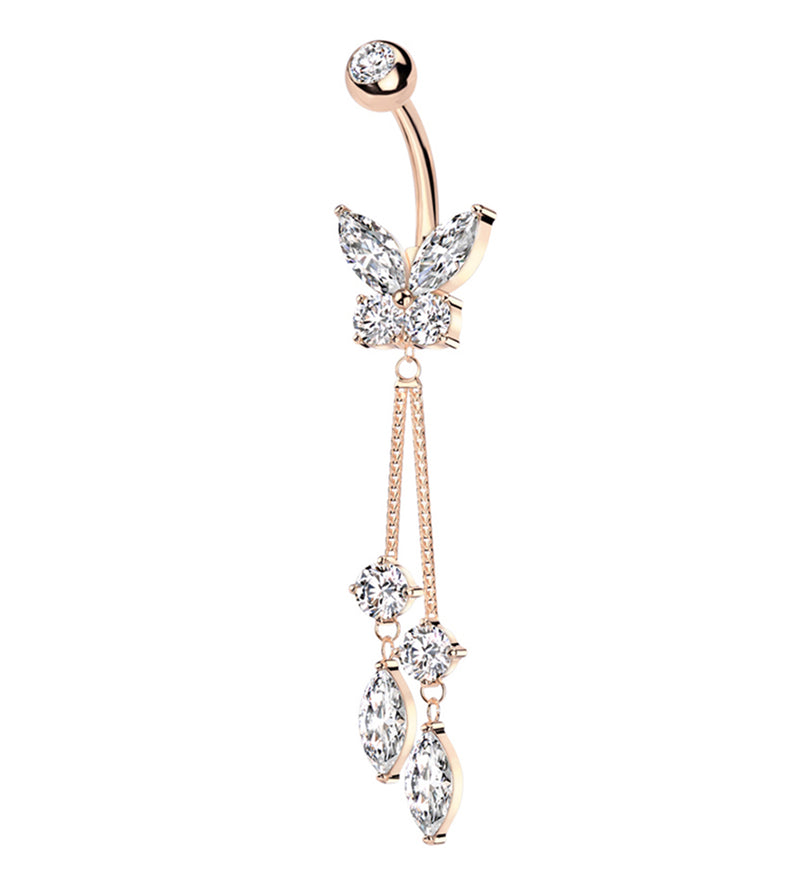 Rose Gold PVD Flying Marquise Butterfly Clear CZ Dangle Stainless Steel Belly Button Ring