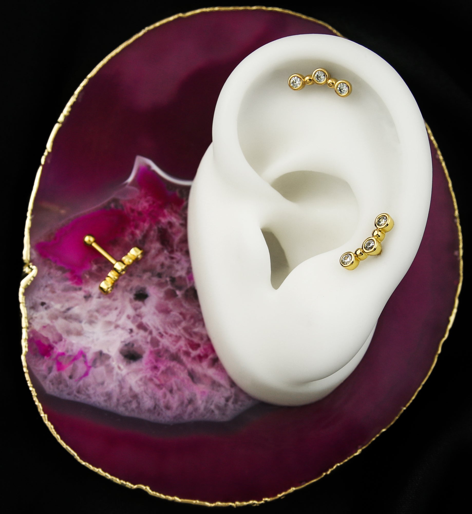 Triple Round Clear CZ Gem Stainless Steel Cartilage Barbell