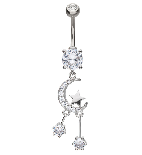Wishing On A Crescent Moon And Star Clear CZ Dangle Stainless Steel Belly Button Ring