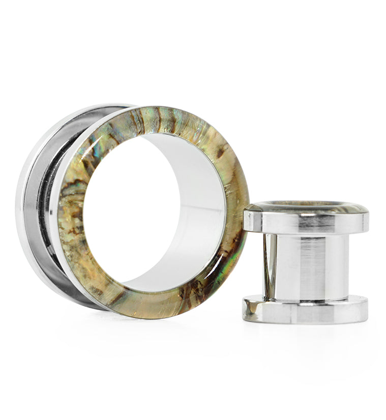 Abalone Shell Rimmed Screw on Tunnels Plugs