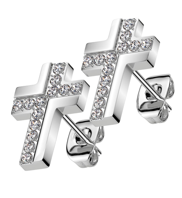 Abstract Cross Clear CZ Stainless Steel Stud Earrings