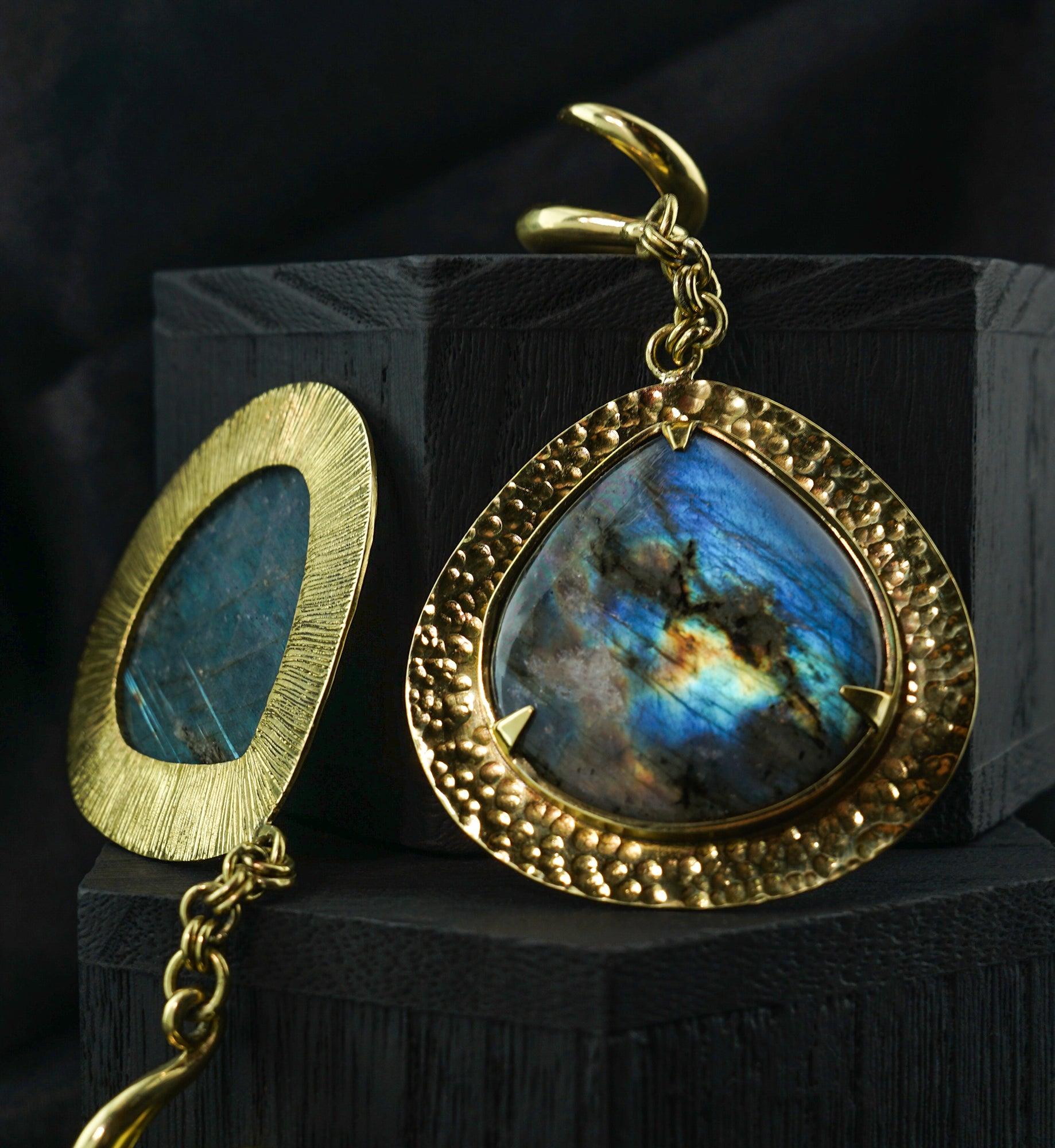 Abstract Labradorite Stone Hanging Brass Ear Weights