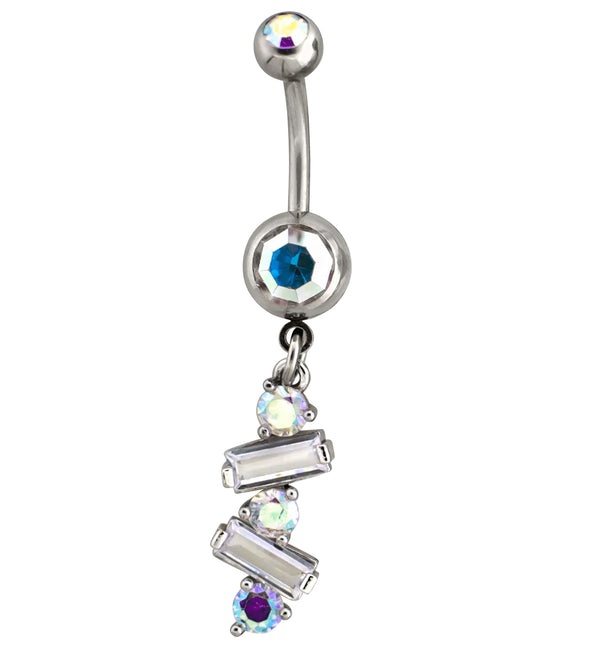 Alternate Baguette Rainbow Aurora CZ Dangle Stainless Steel Belly Button Ring