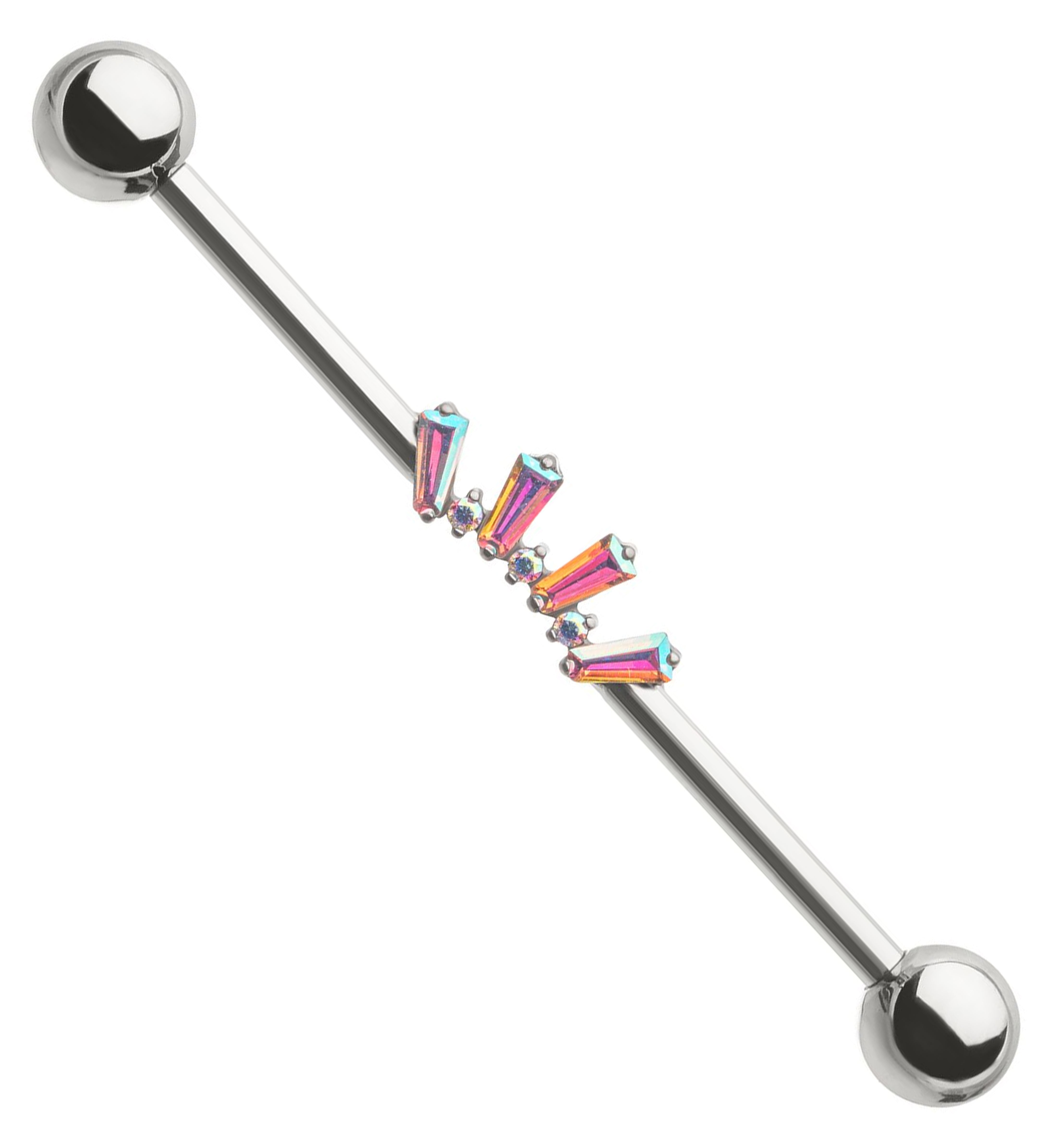 Alternate Rainbow Aurora and Clear CZ Arch Internally Threaded Titanium Industrial Barbell
