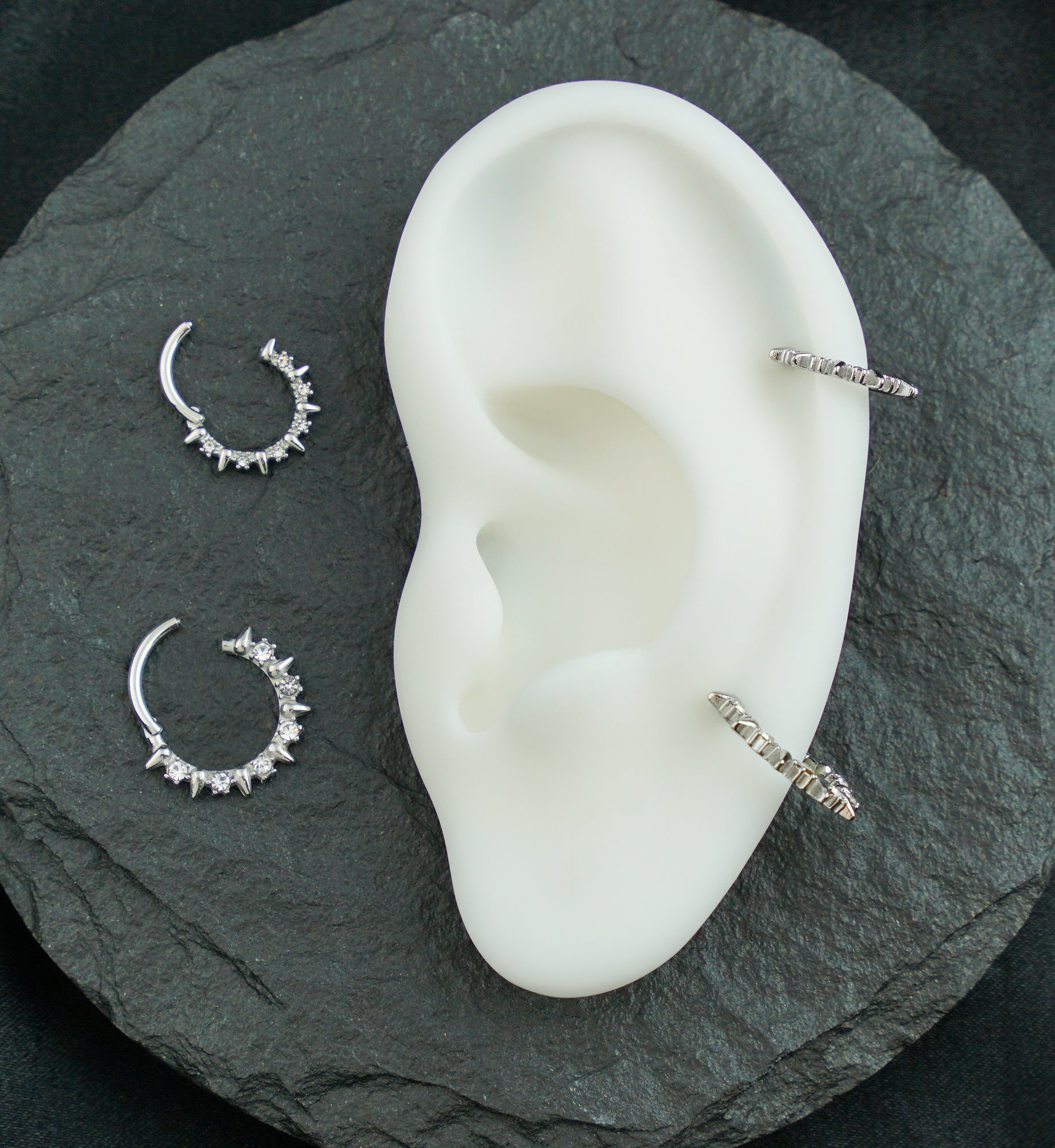 Alternate Spikes Clear CZ Stainless Steel Hinged Segment Ring