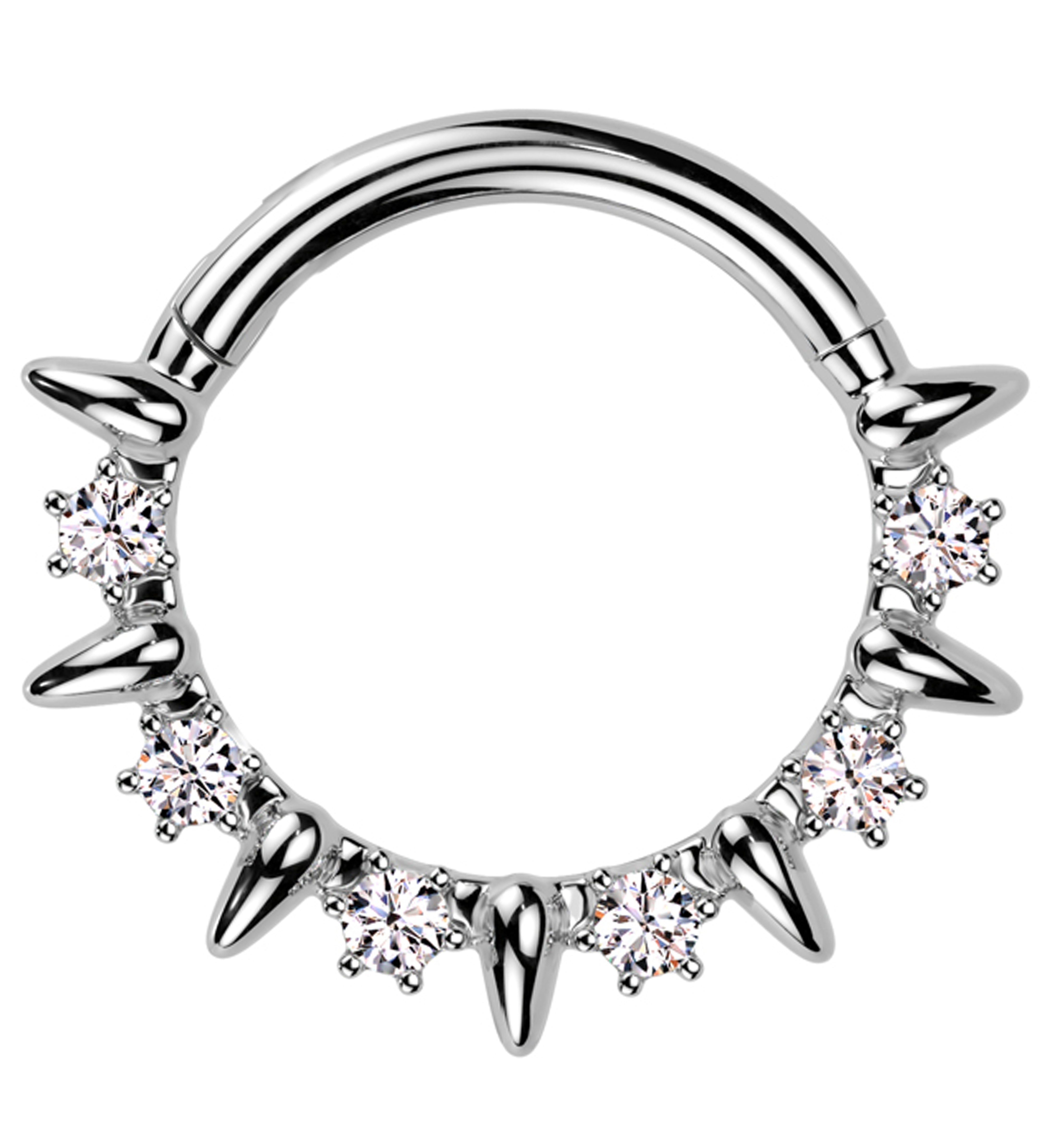 Alternate Spikes Clear CZ Stainless Steel Hinged Segment Ring