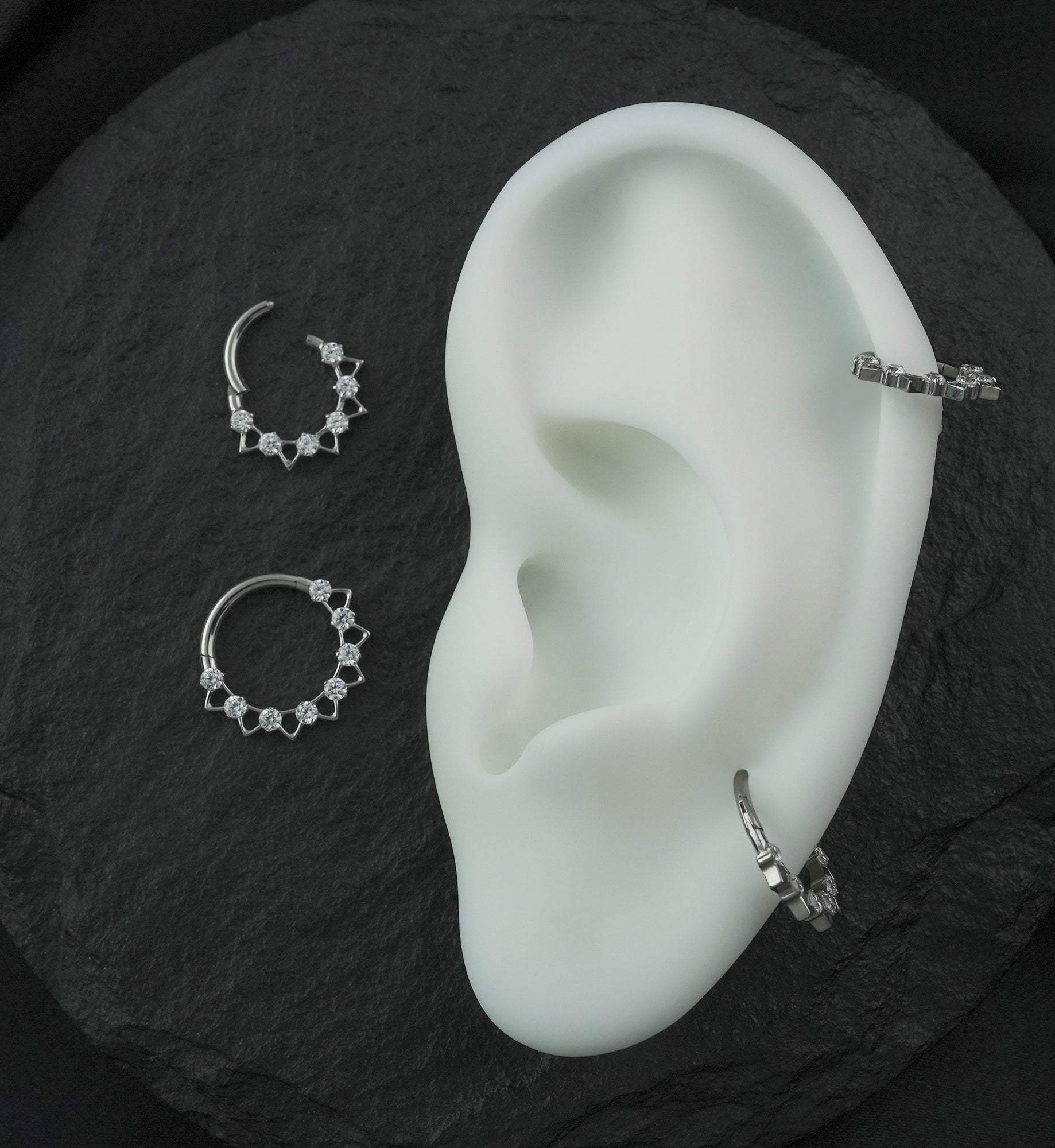 Alternate Triangle Clear CZ Titanium Hinged Segment Ring