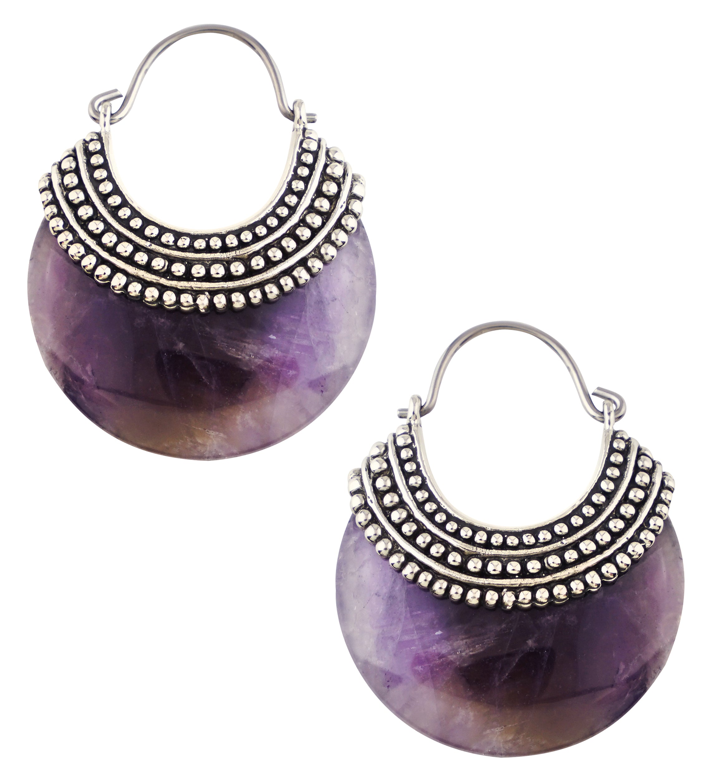 Amethyst Beaded White Brass Stone Earrings