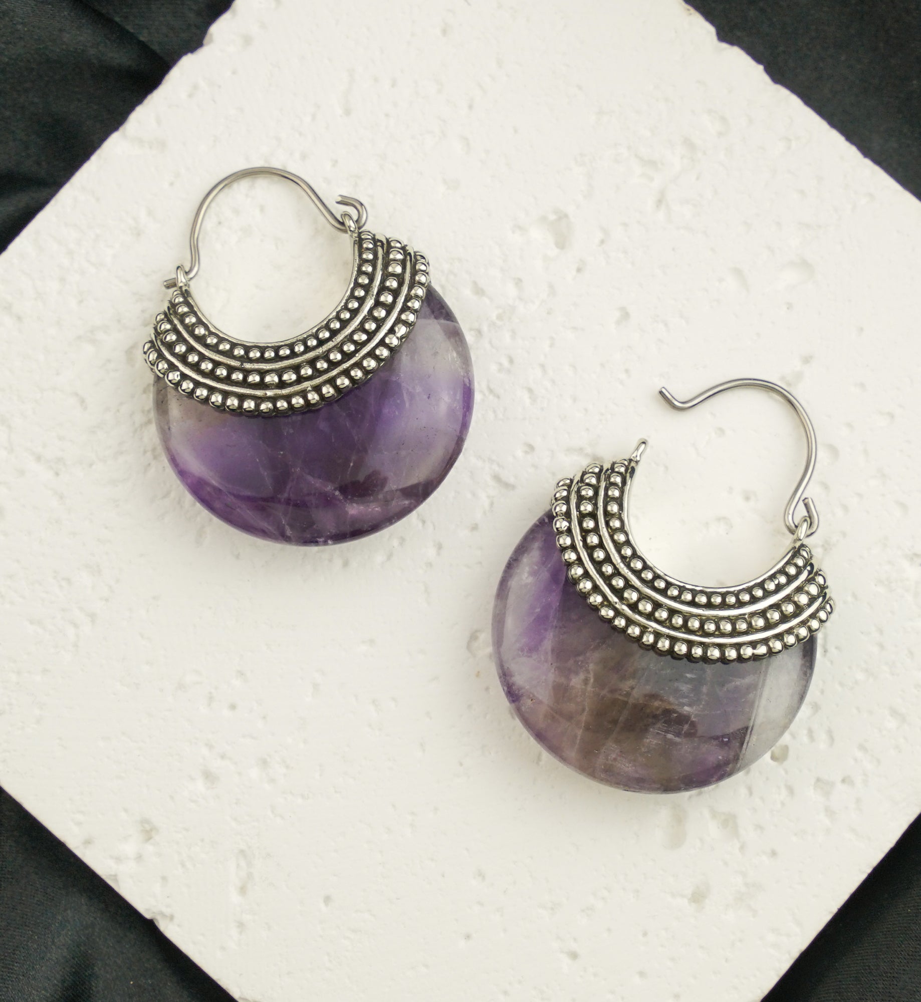 Amethyst Beaded White Brass Stone Earrings