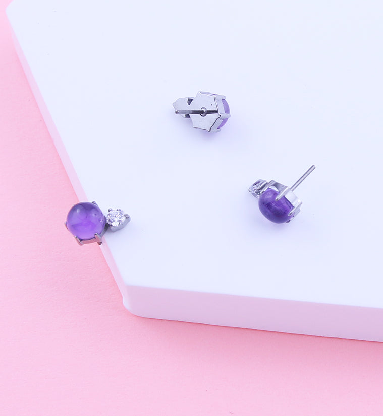 Amethyst Stone Drop Clear CZ Titanium Threadless Top