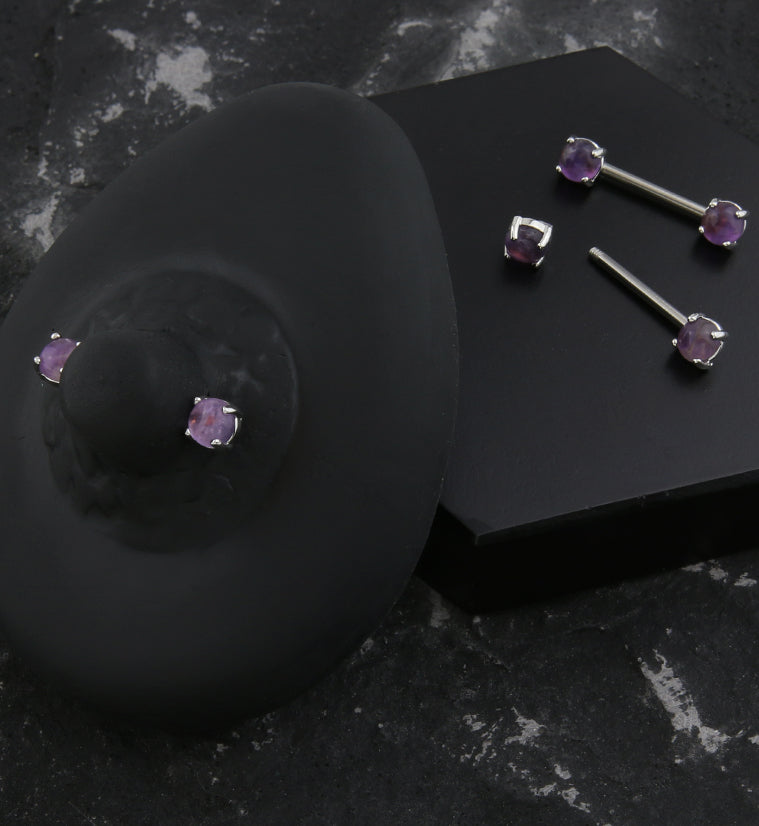 Amethyst Stone Prong Stainless Steel Nipple Barbell