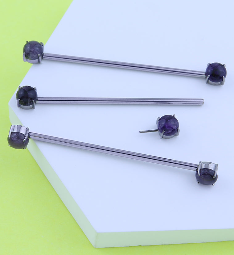 Double Amethyst Stone Threadless Titanium Industrial Barbell