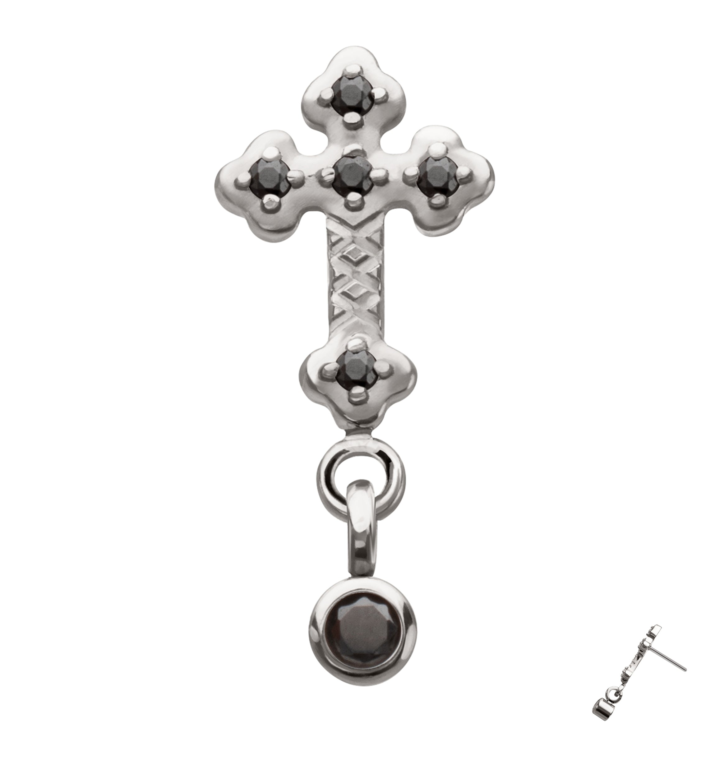 Antique Cross Dangle Black CZ Titanium Threadless Top
