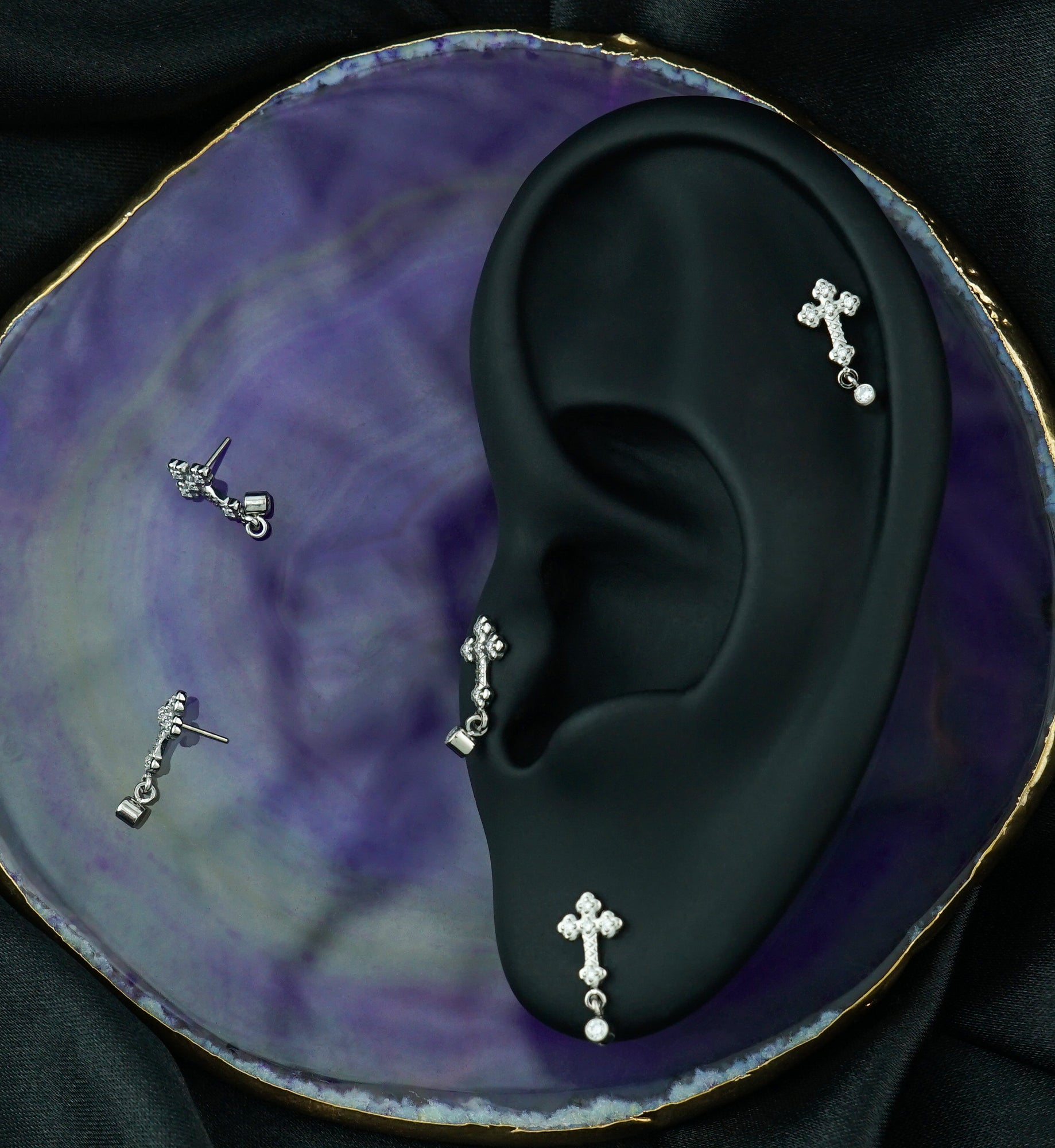 Antique Cross Dangle Clear CZ Titanium Threadless Top