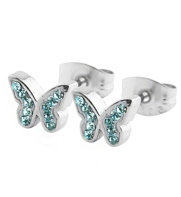 Butterfly Aqua CZ Stainless Steel Stud Earrings