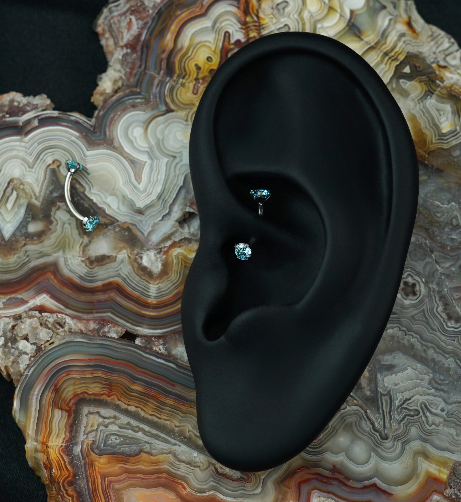 Aqua CZ Double Prong Titanium Curved Barbell