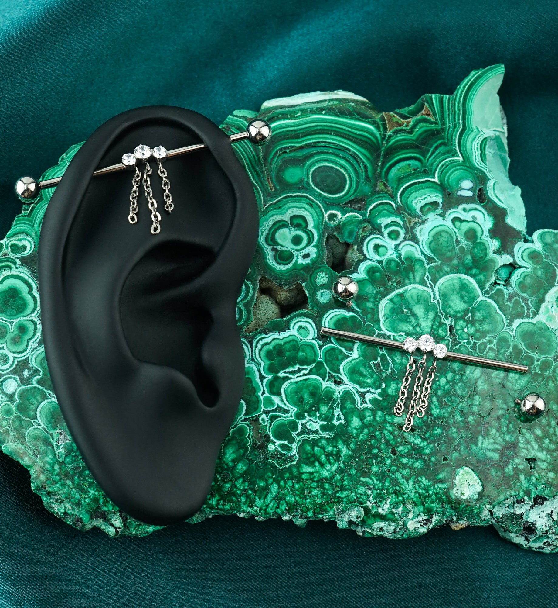 Arch Clear CZ Chain Trio Dangle Internally Threaded Titanium Industrial Barbell