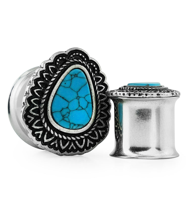 Archaic Turquoise Howlite Stone Teardrop Steel Plugs